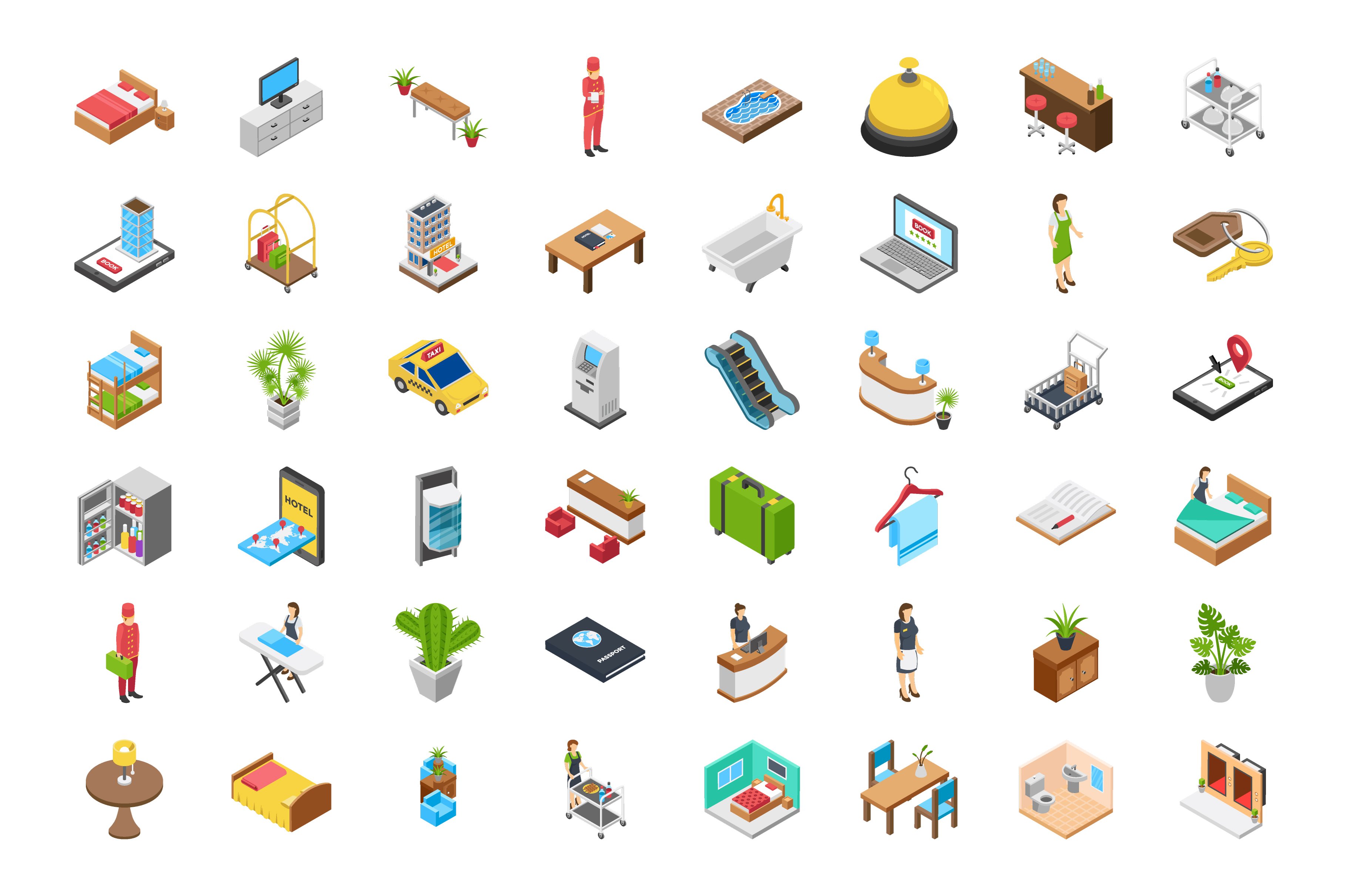 100 Hotel Isometric Icons Pack preview image.