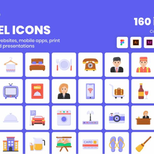 160 Hotel Flat vector Icons cover image.