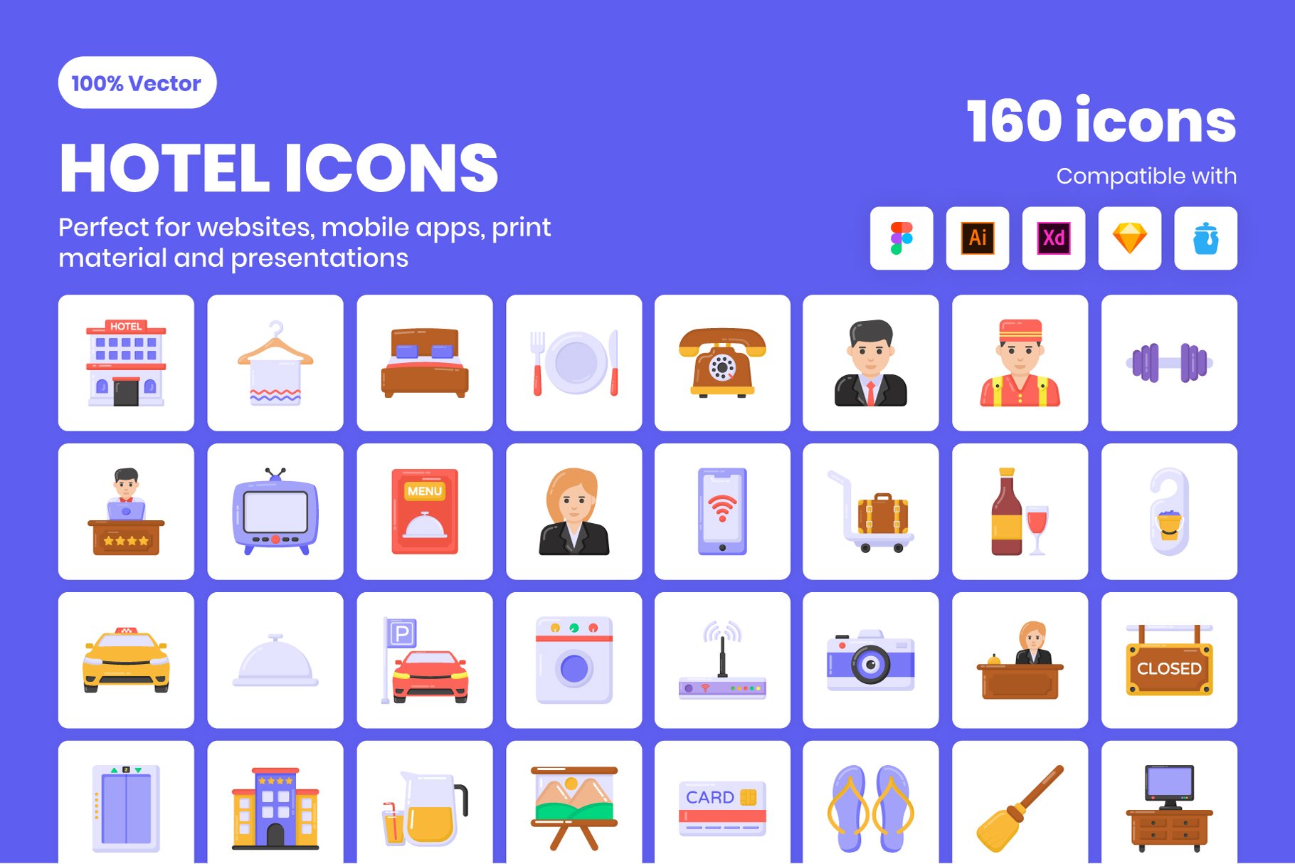 160 Hotel Flat vector Icons cover image.