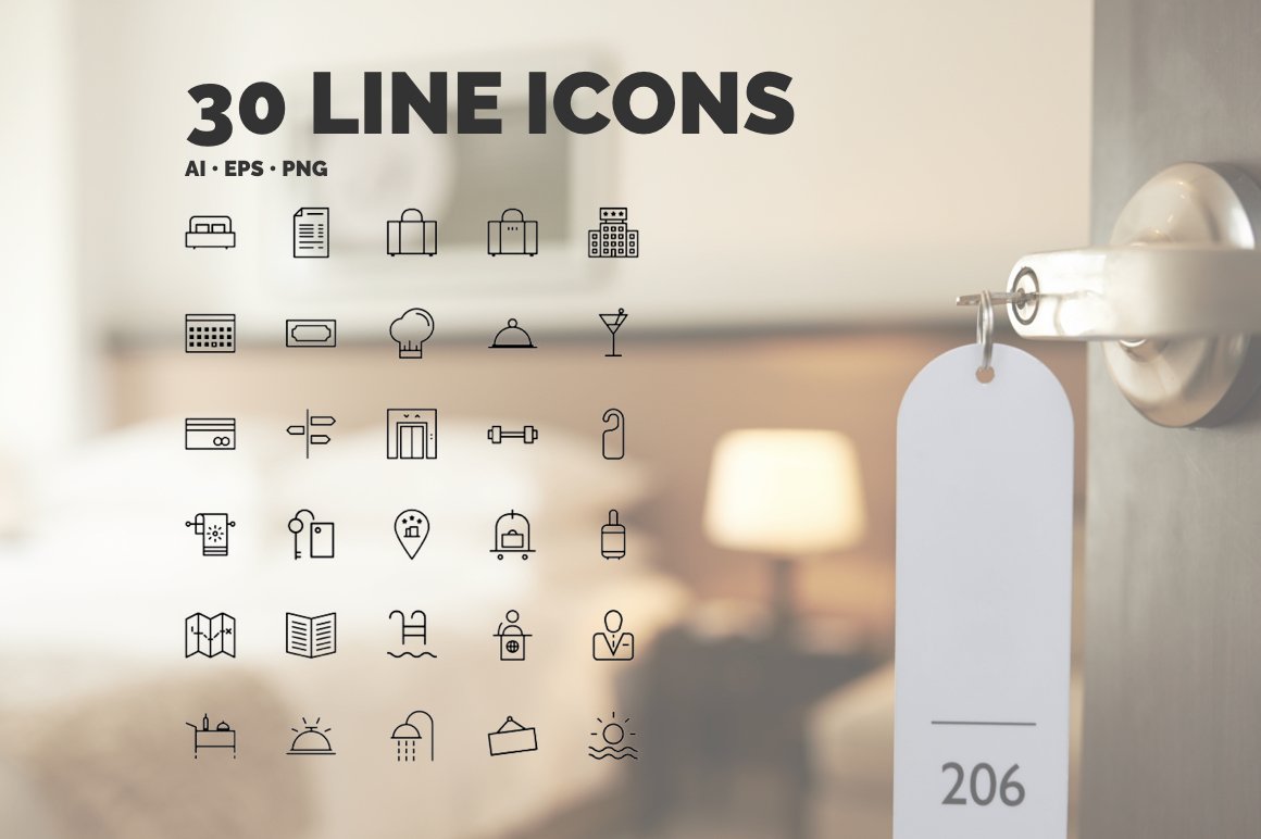 30 Hotel Icons in 3 styles preview image.