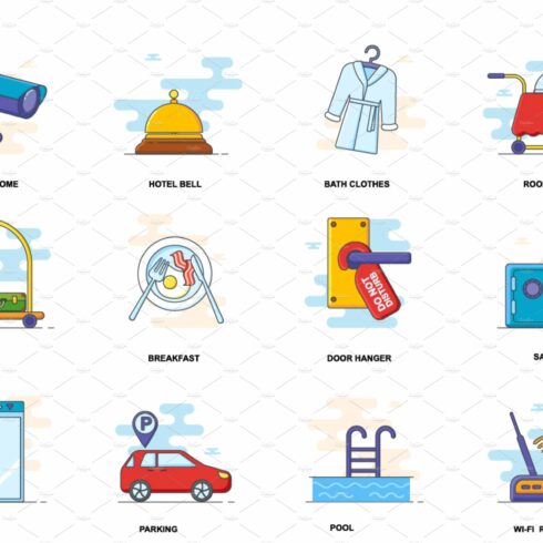 Hotel service concept flat icons set cover image.