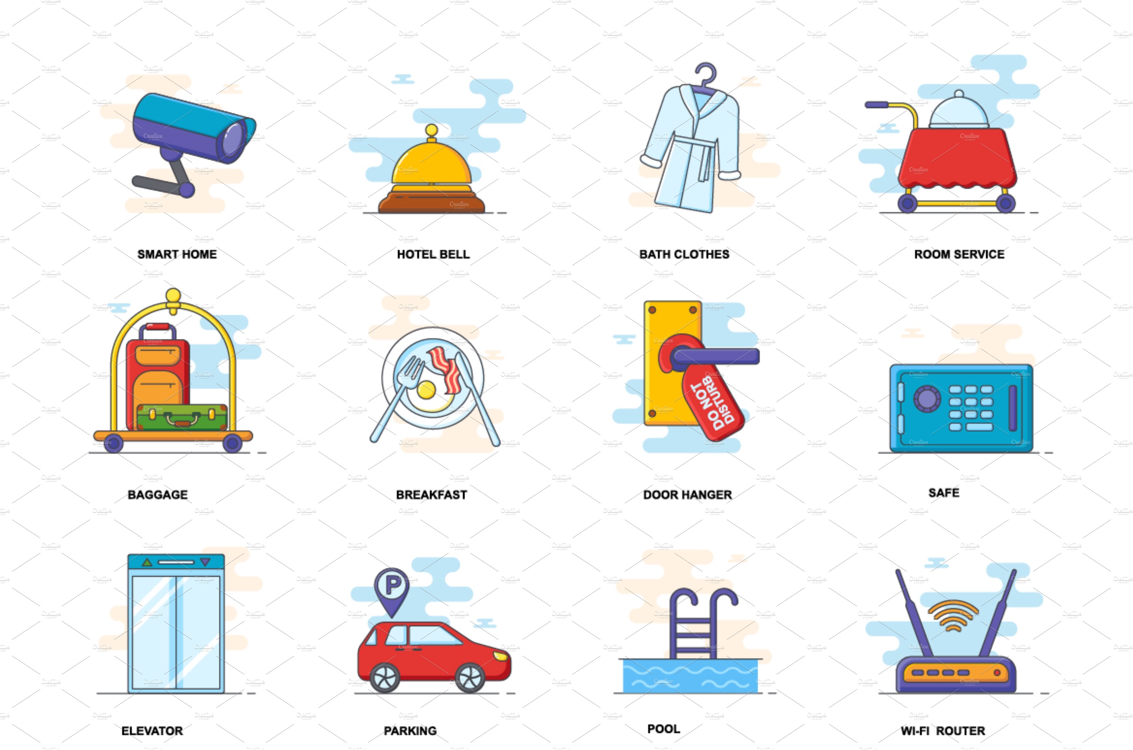 Hotel service concept flat icons set cover image.
