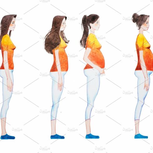 Cartoon illustration of pregnancy stages. Side view image of pregnant woman... cover image.