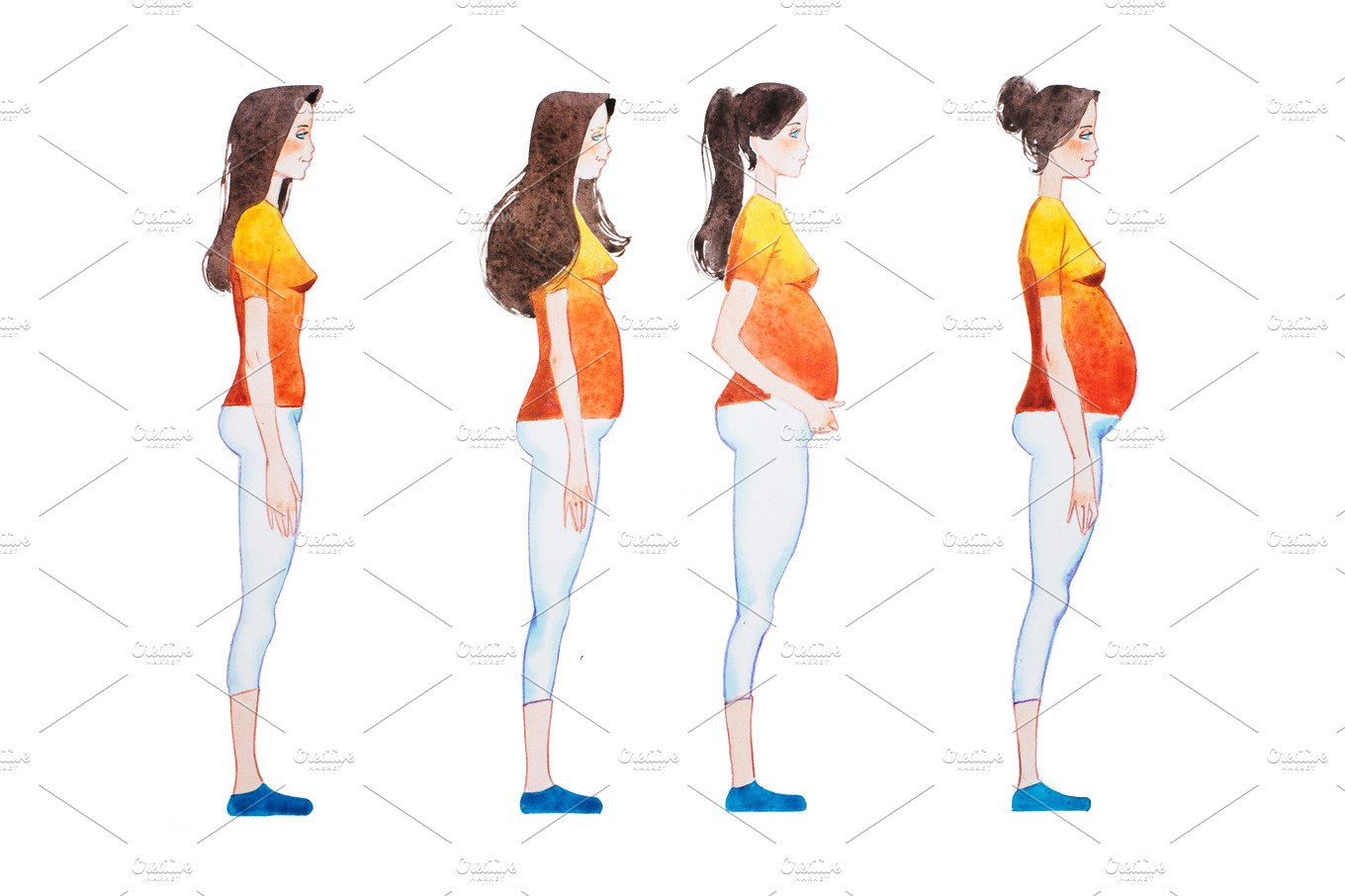 Cartoon illustration of pregnancy stages. Side view image of pregnant woman... cover image.