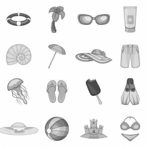 Summer travel icons set, gray cover image.