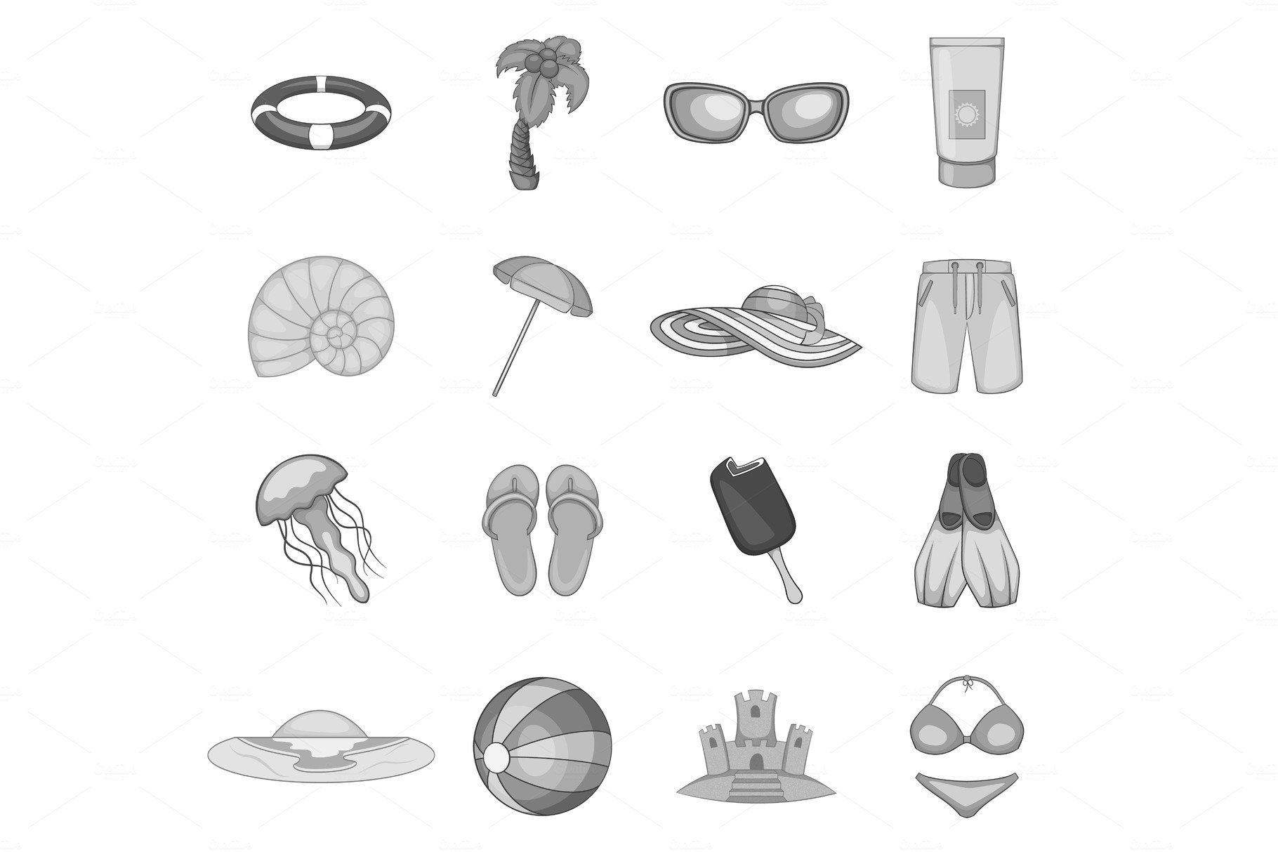 Summer travel icons set, gray cover image.