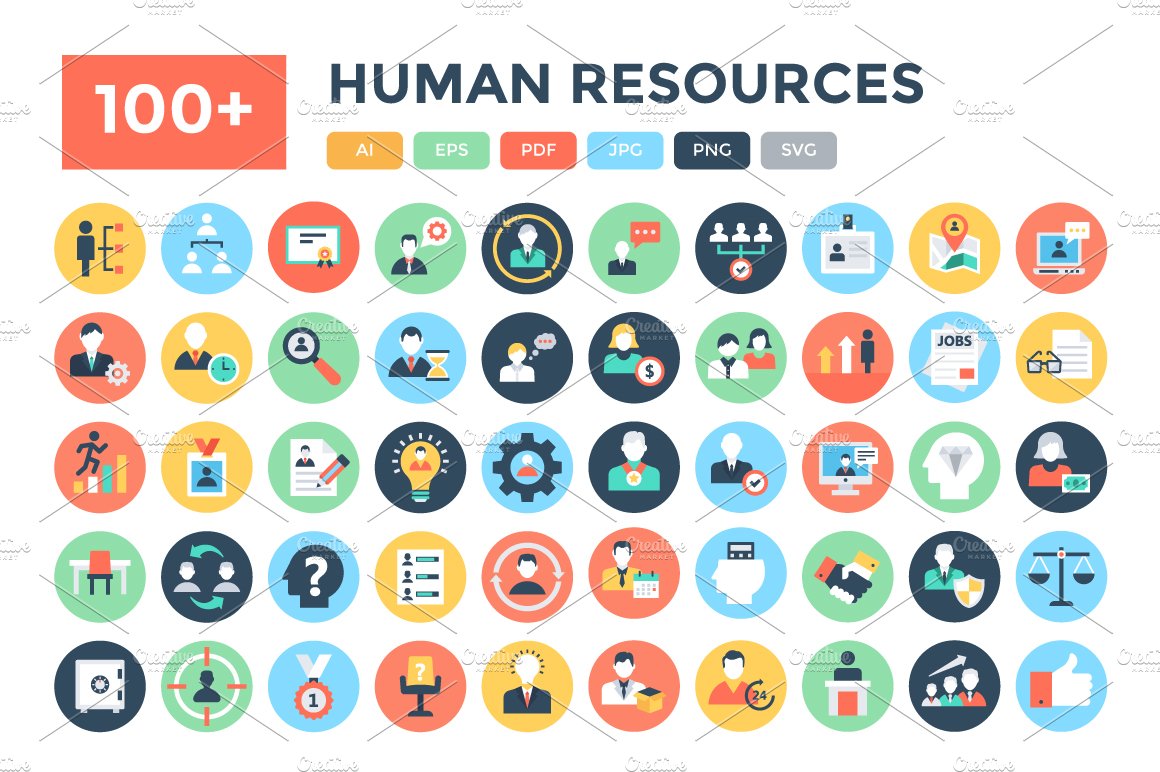 100+ Flat Human Resources Icons cover image.