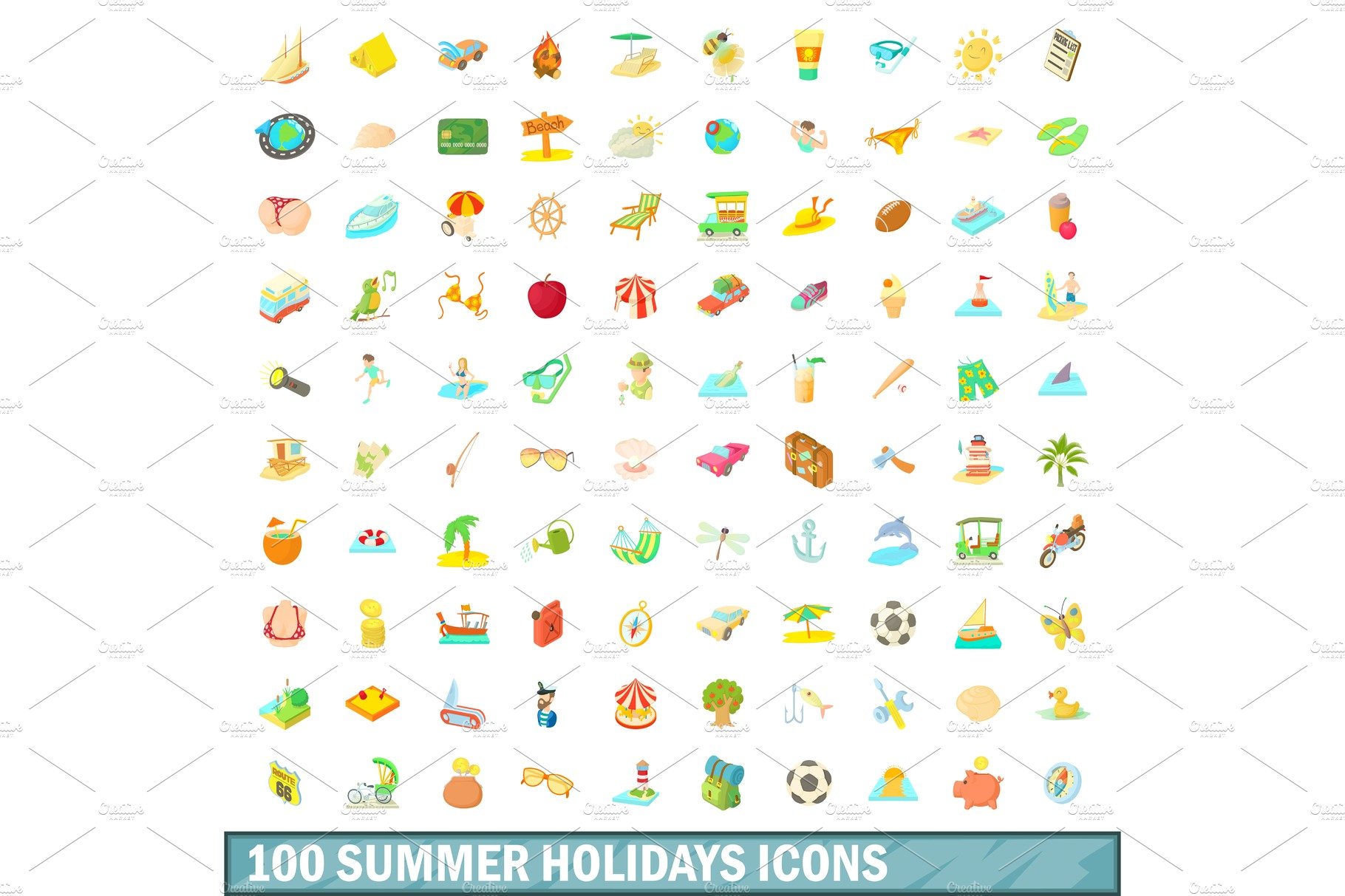 100 summer holidays icons set cover image.