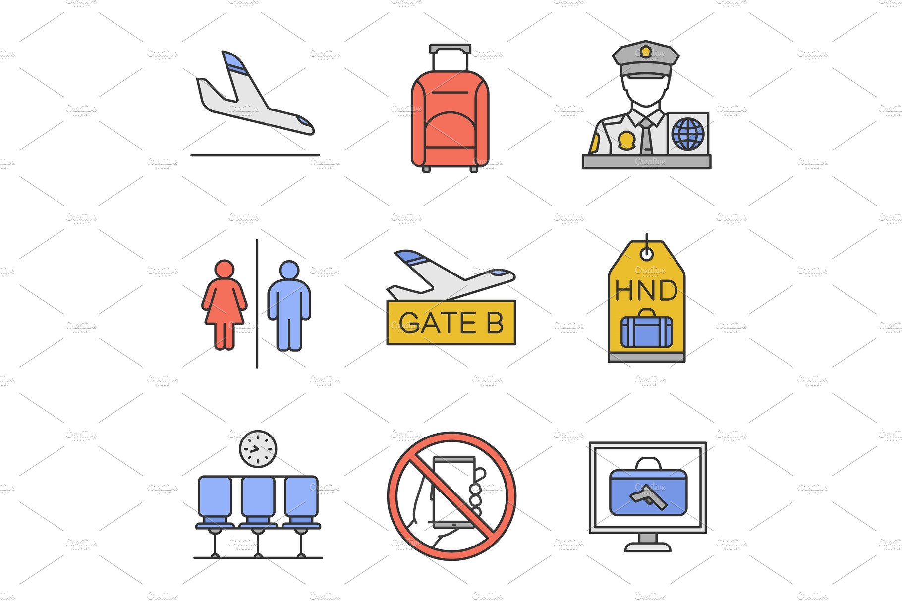 Airport service color icons set cover image.