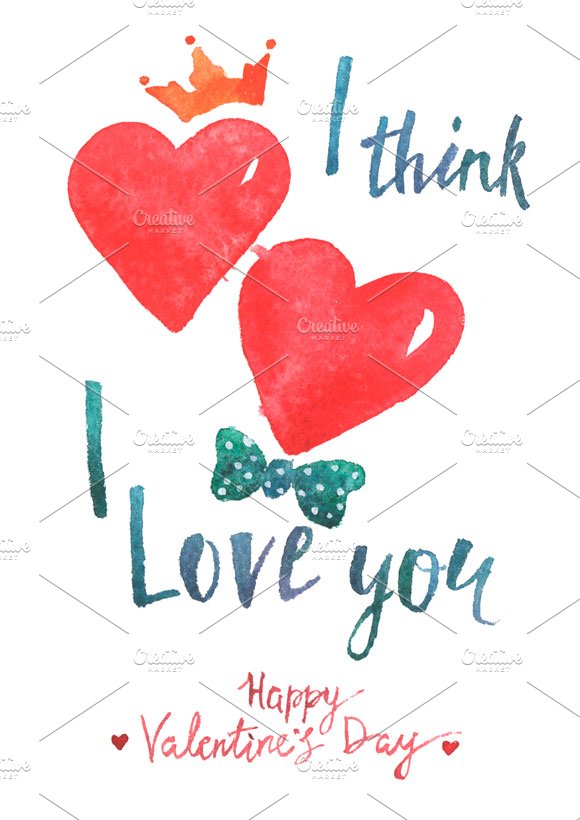 Watercolor lettering Valentine card preview image.