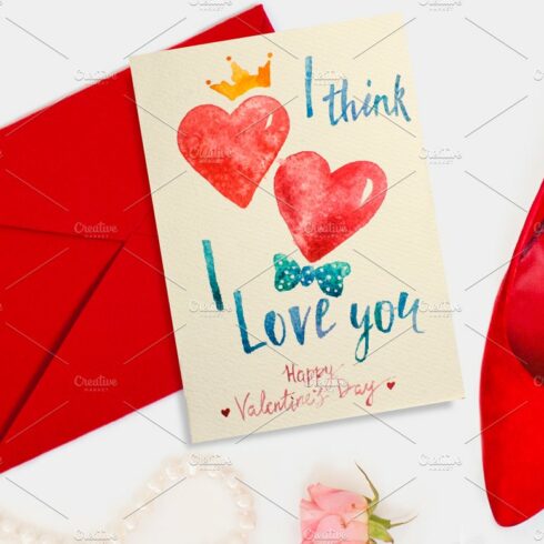 Watercolor lettering Valentine card cover image.