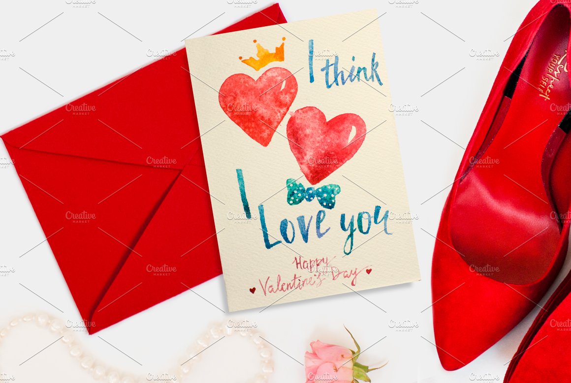 Watercolor lettering Valentine card cover image.