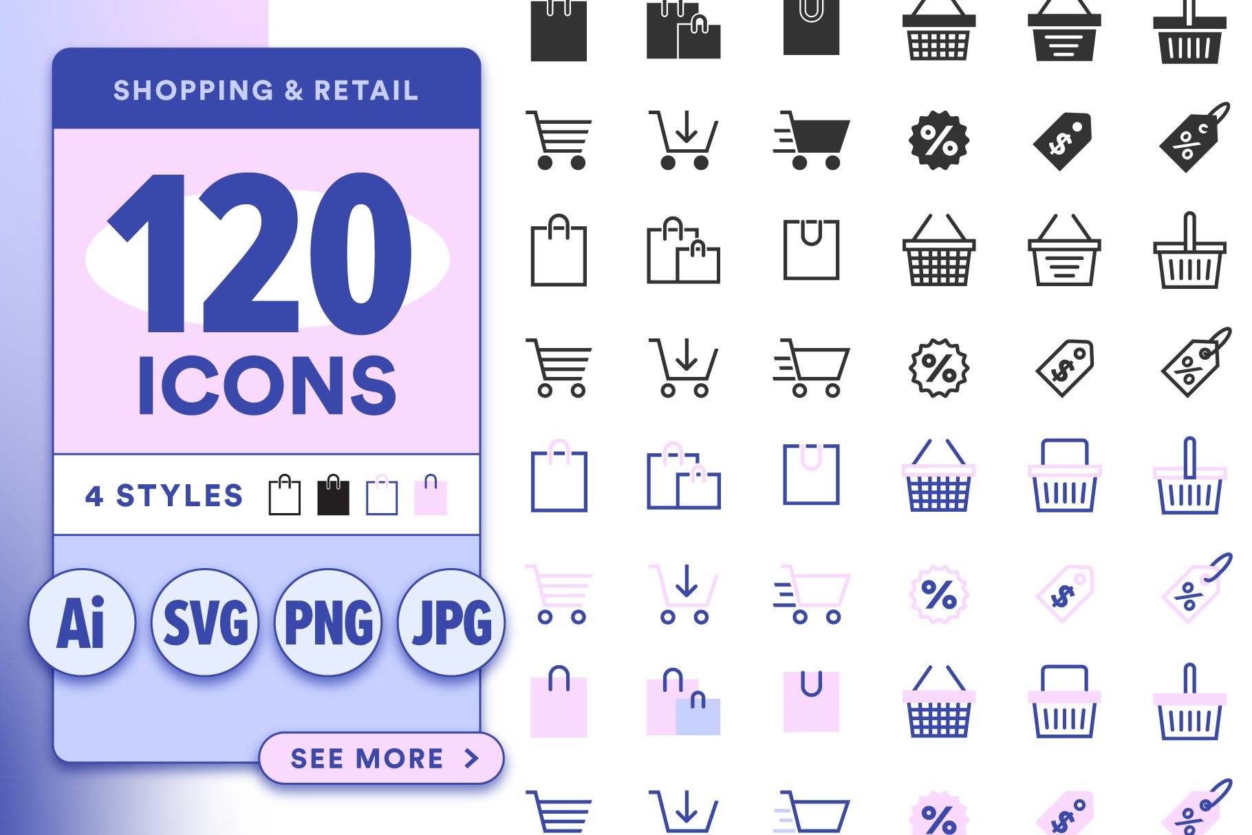 120 Minimal Shopping Icons Pack cover image.