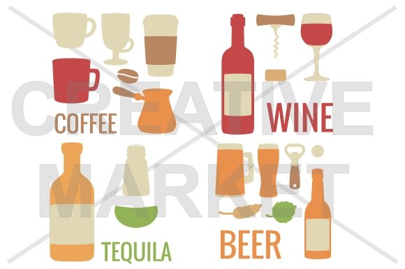 Wine, coffee, beer, tequila icon preview image.