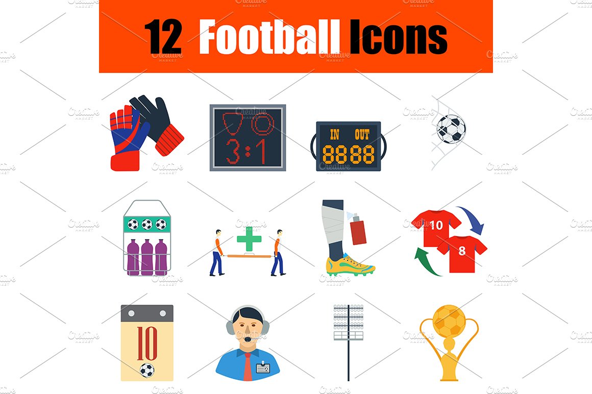 12 football flat design icons cover image.