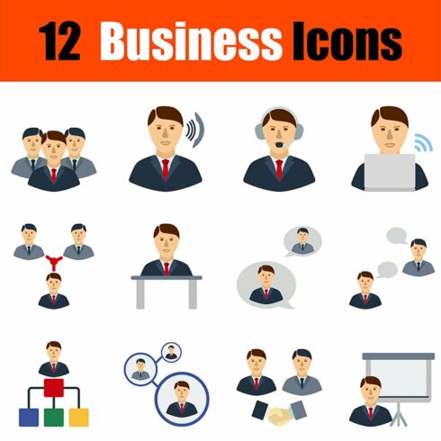12 business flat design icons cover image.