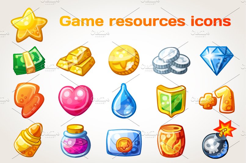 Cartoon resource icons for games cover image.