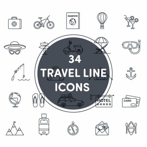 34 travel line icons cover image.