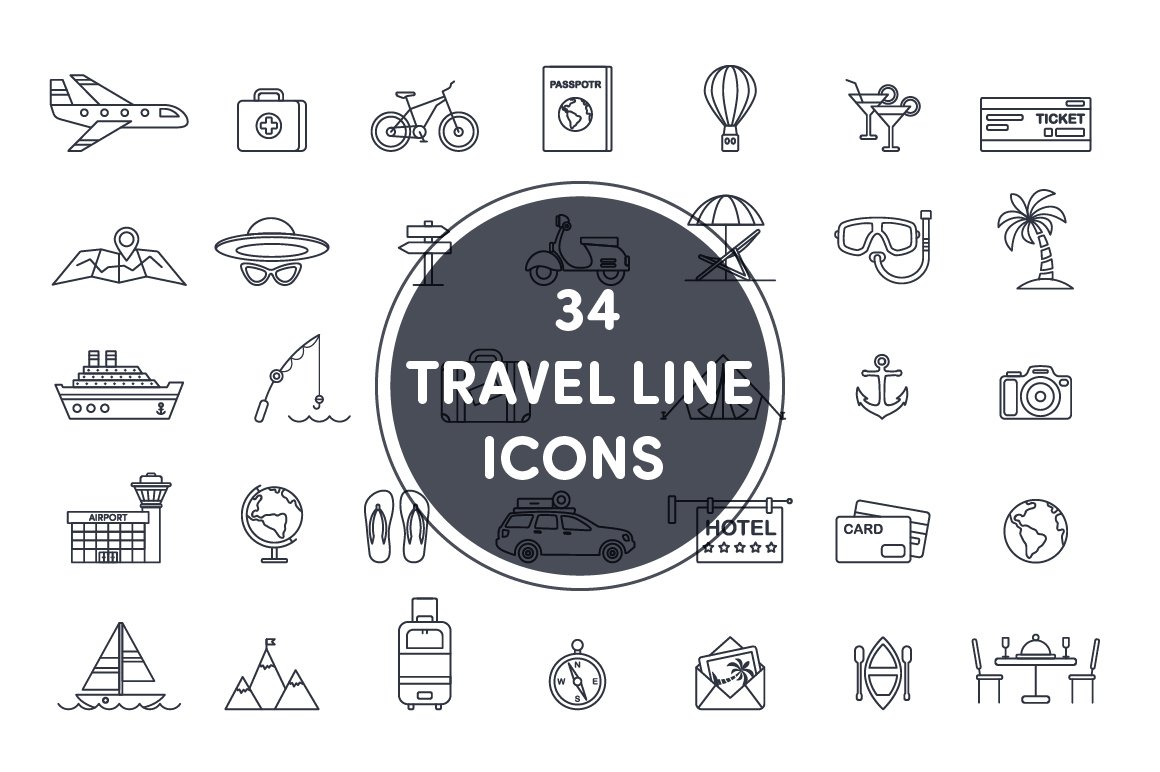 34 travel line icons cover image.