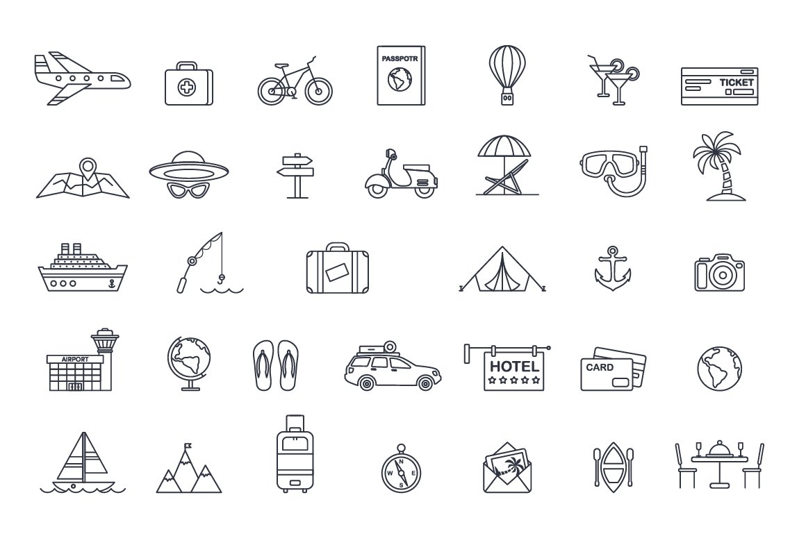 34 travel line icons preview image.