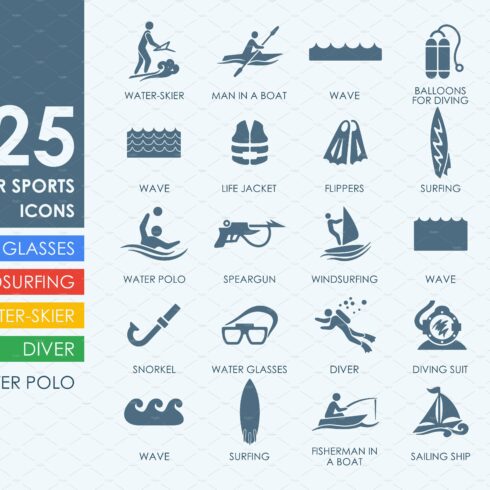 25 Water Sports icons cover image.