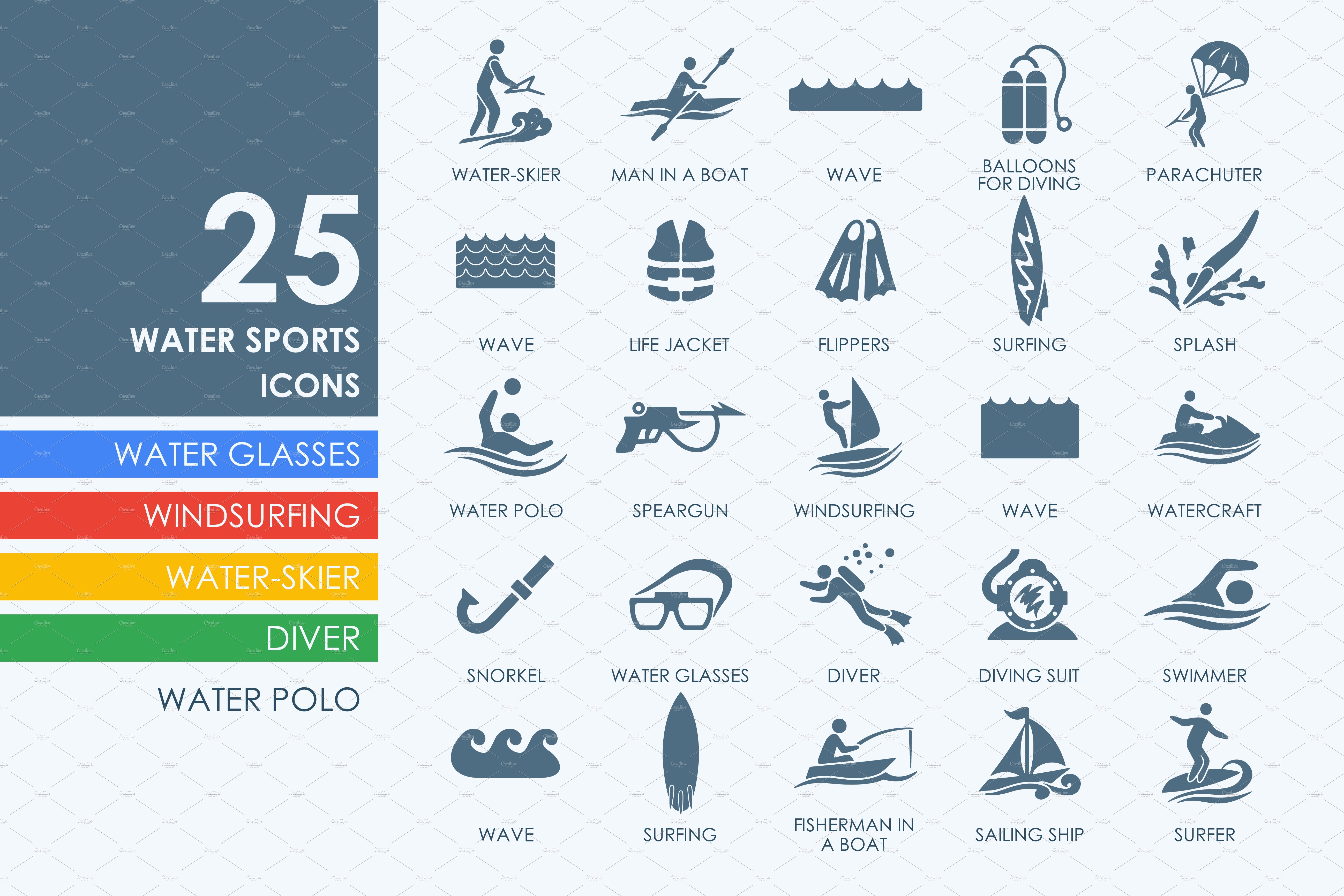 25 Water Sports icons cover image.