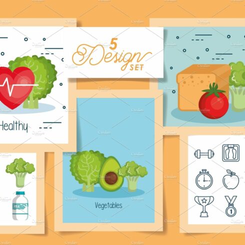 five designs of healhty food icons cover image.