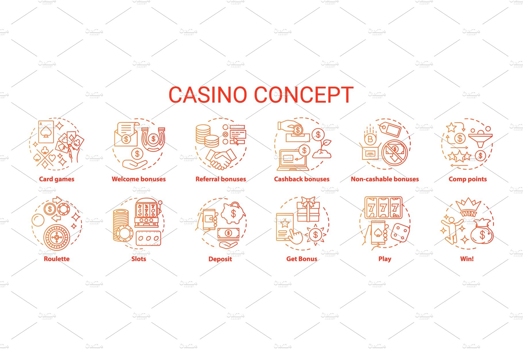 Casino concept icons set cover image.