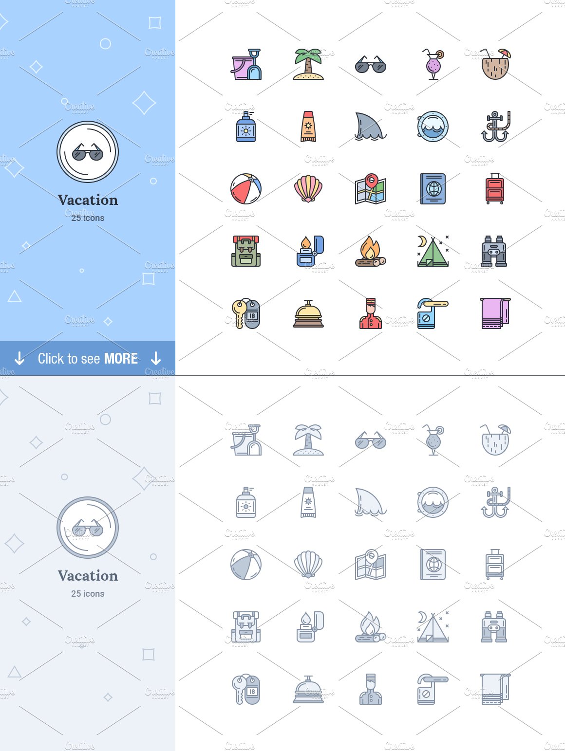 Hotel & Vacation flat landing icons preview image.
