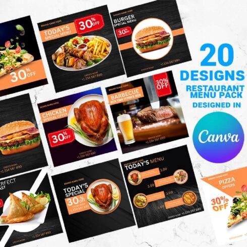 RESTAURANT MENU SOCIAL MEDIA CANVA TEMPLATES PACK cover image.