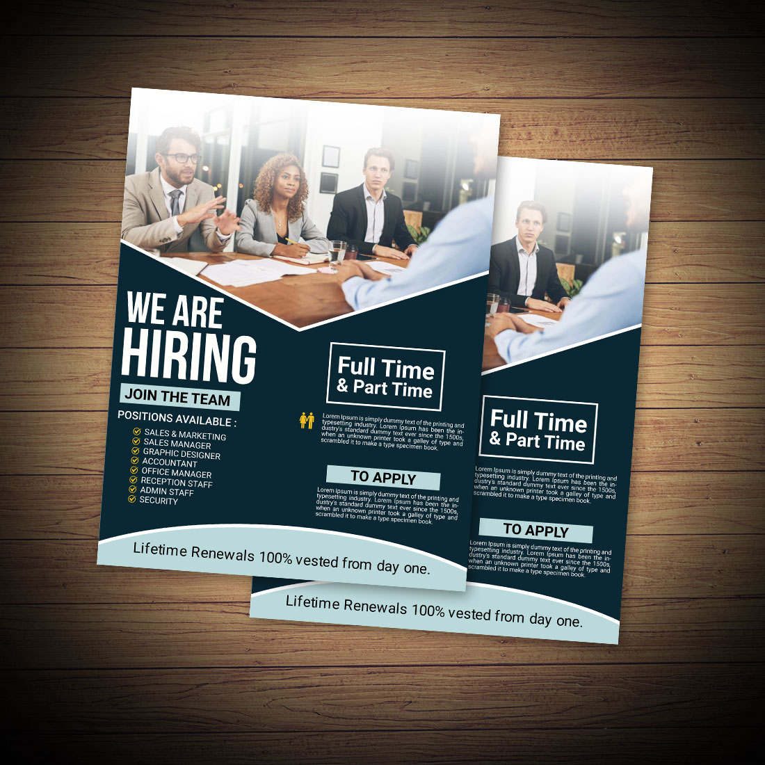 Two flyers for a business meeting on a wooden table.