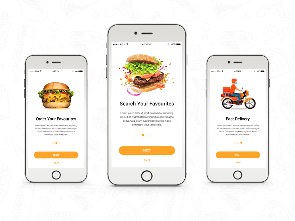 Three iphones displaying a food ordering app.