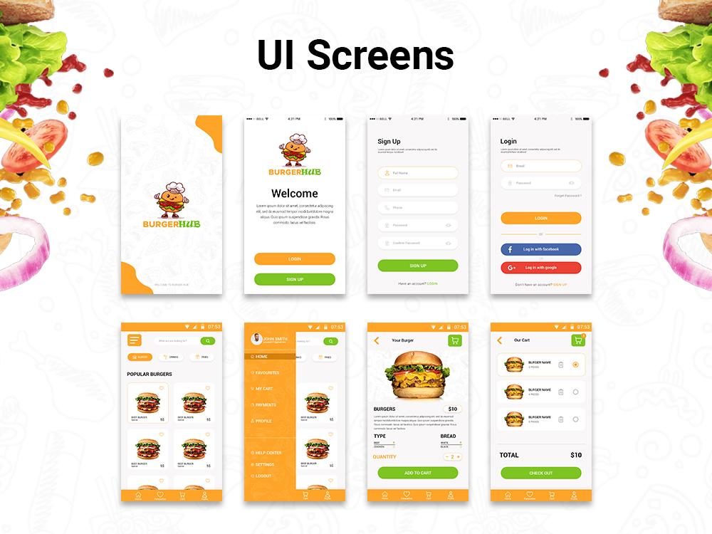 Bunch of screens showing different food items.