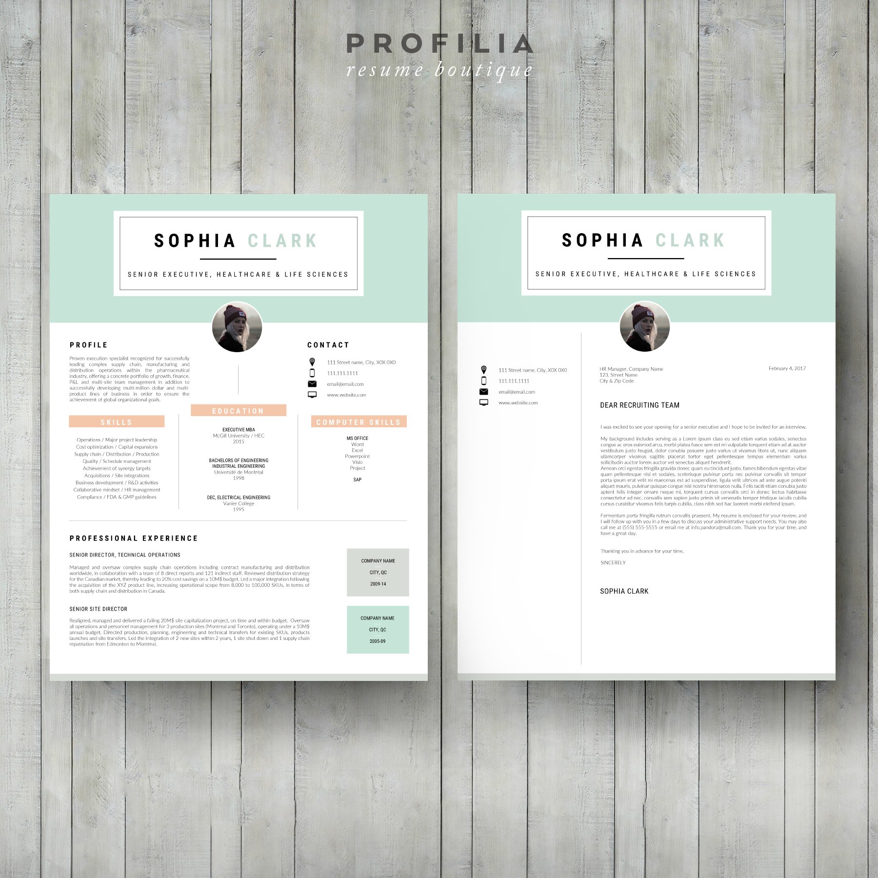 Two resume templates on a wooden background.