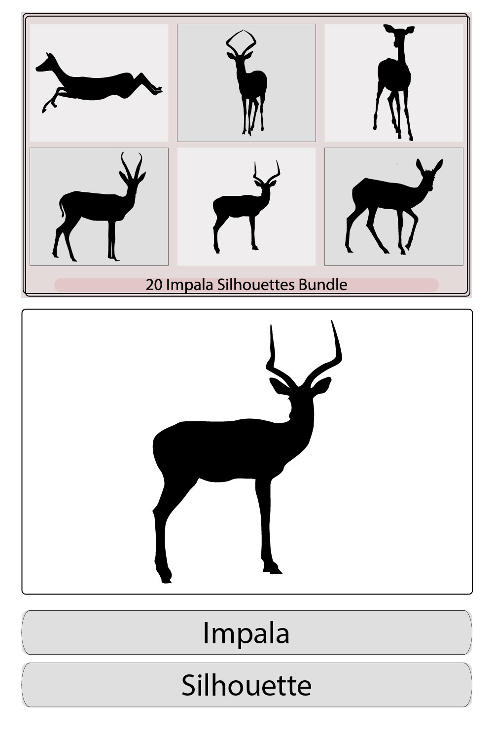 illustration of African impala silhouettes in the wild,Black and white vector silhouettes of Impala,Impala Silhouette Vector Logo For The Best Impala Icon Illustration,Set of editable vector silhouettes of running impala antelopes pinterest preview image.