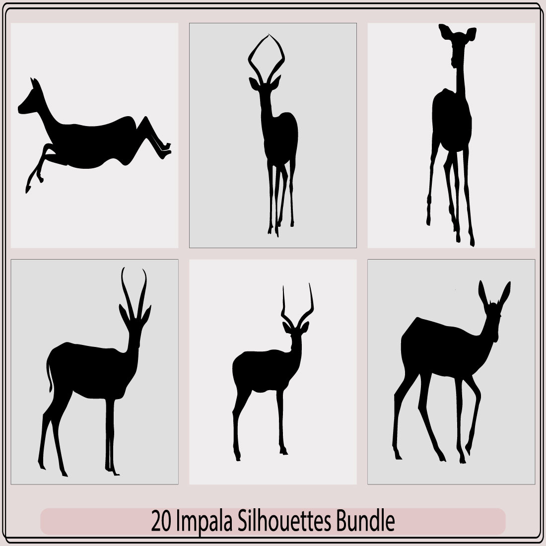 illustration of African impala silhouettes in the wild,Black and white vector silhouettes of Impala,Impala Silhouette Vector Logo For The Best Impala Icon Illustration,Set of editable vector silhouettes of running impala antelopes preview image.