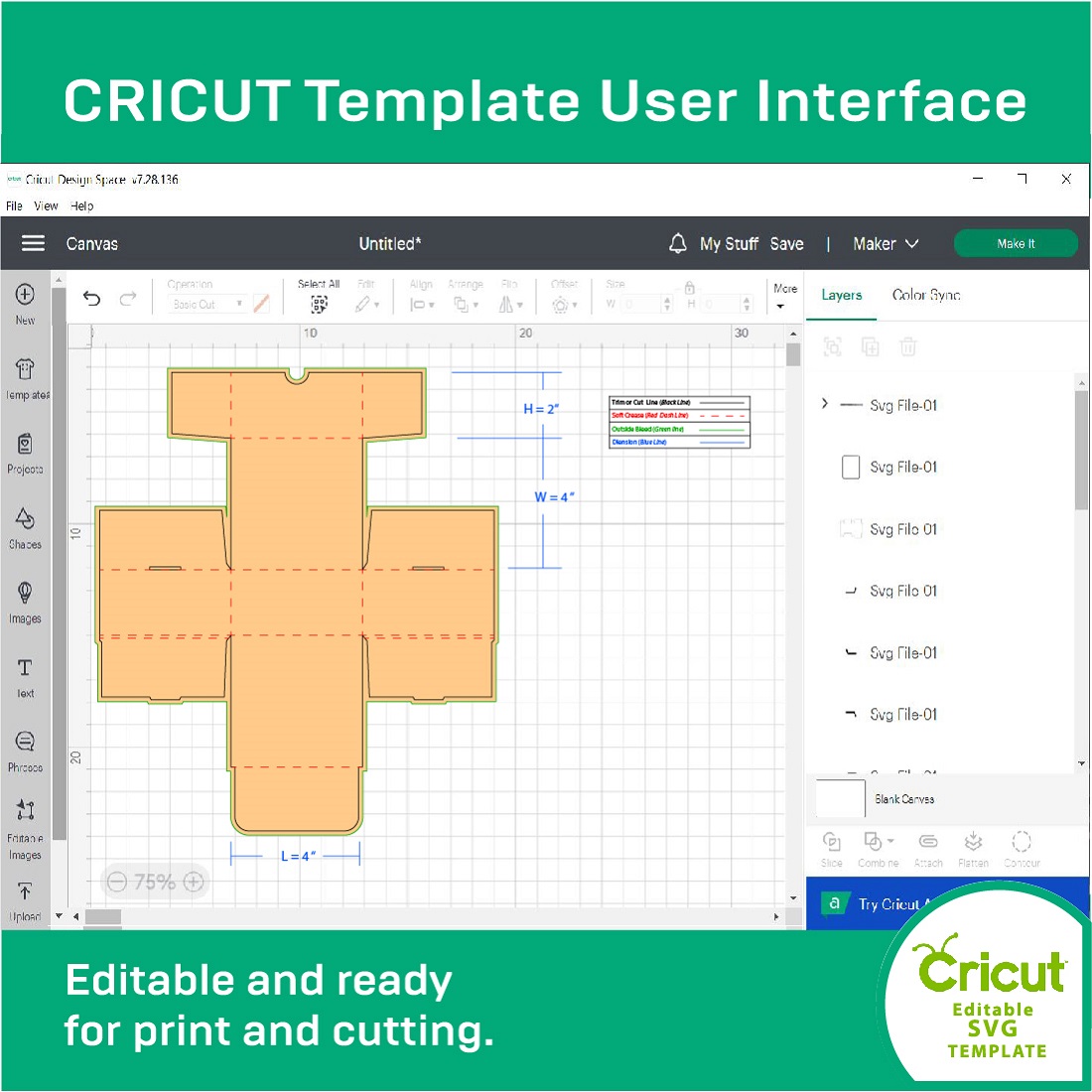 Screen shot of the cricut template user interface.