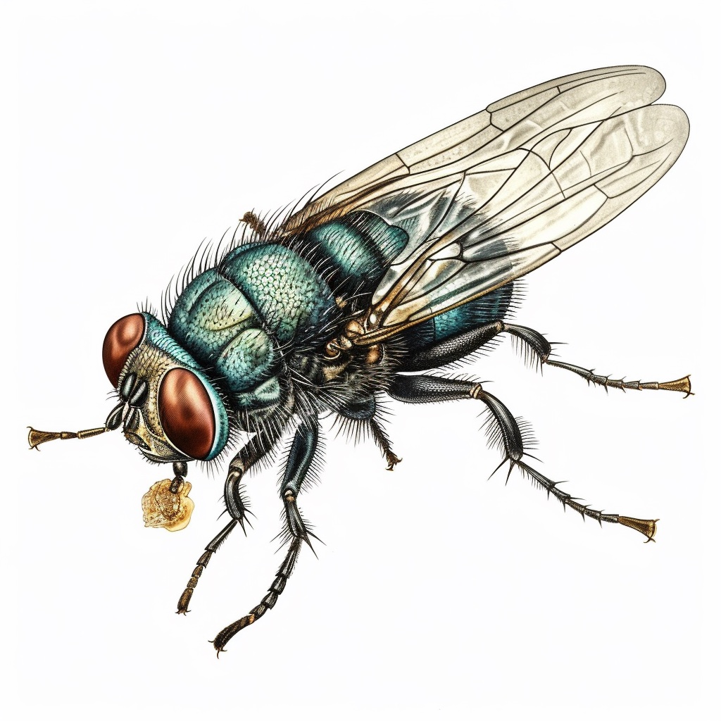 Drawing of a blue fly with brown eyes.