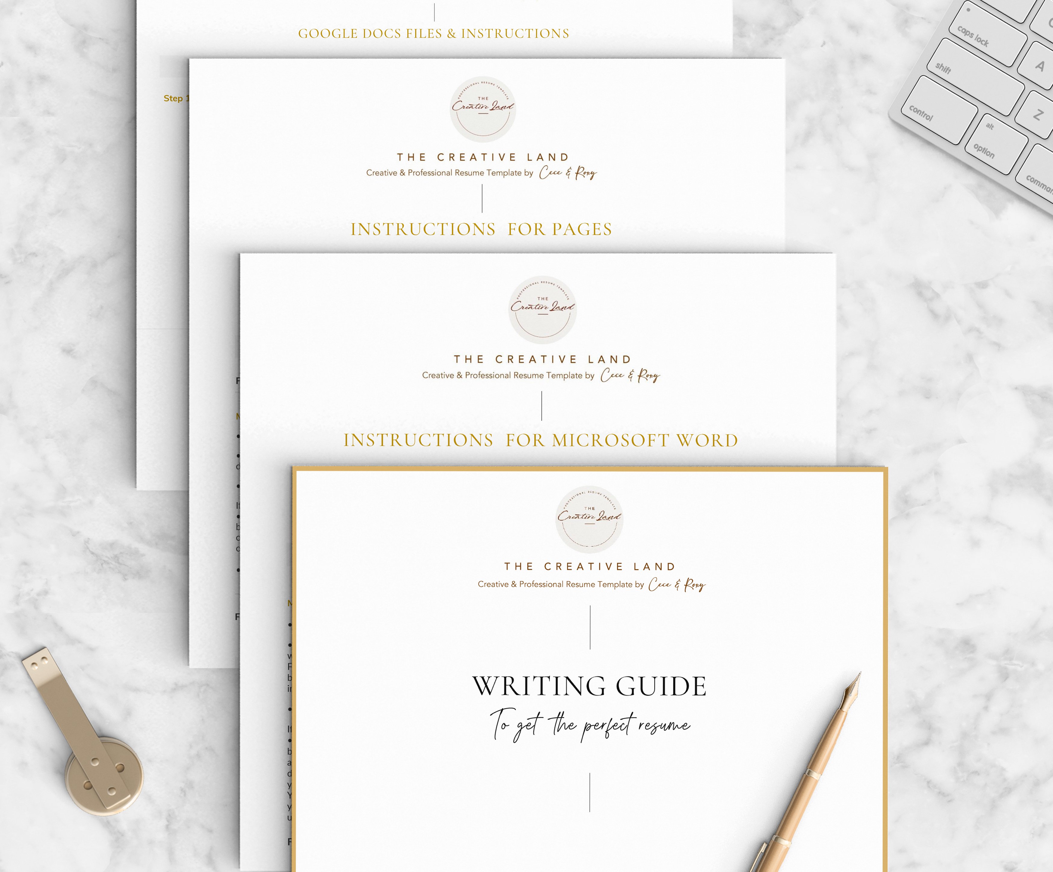 Three white envelopes with gold foil lettering on them.