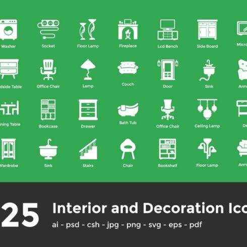225 Interior and Decoration Icons cover image.