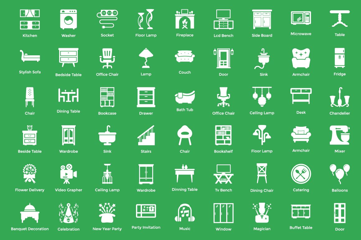 225 Interior and Decoration Icons preview image.