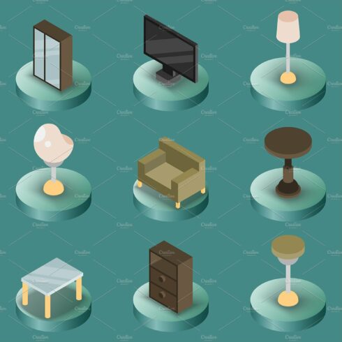 Interior color isometric icons cover image.