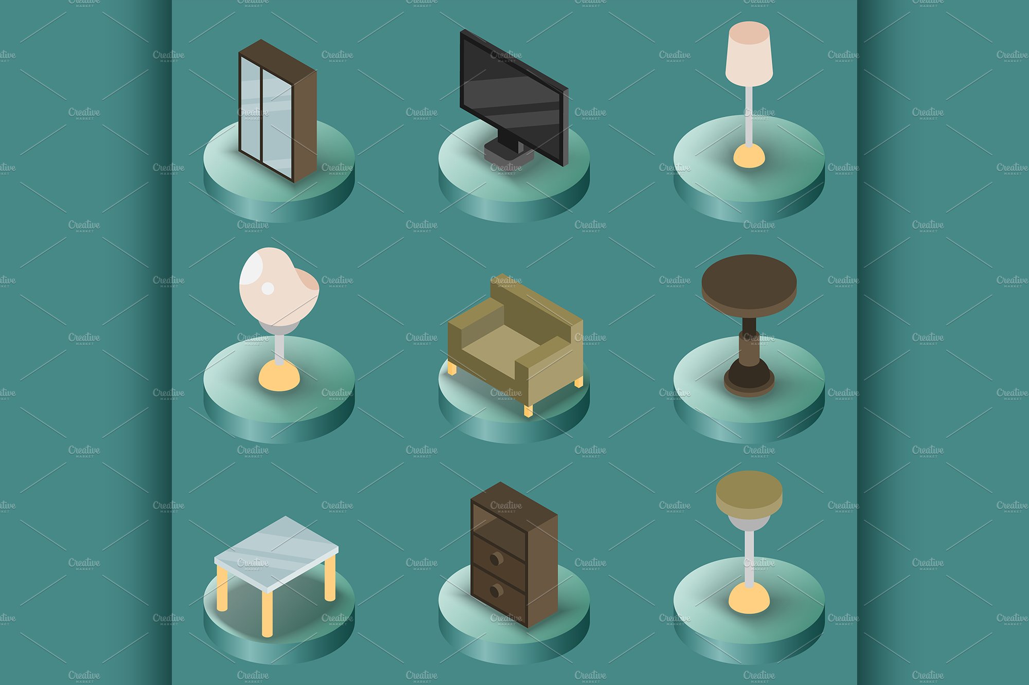 Interior color isometric icons cover image.