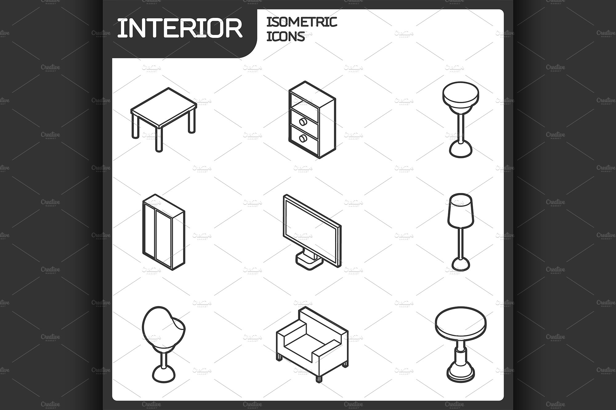 Interior outline isometric icons cover image.
