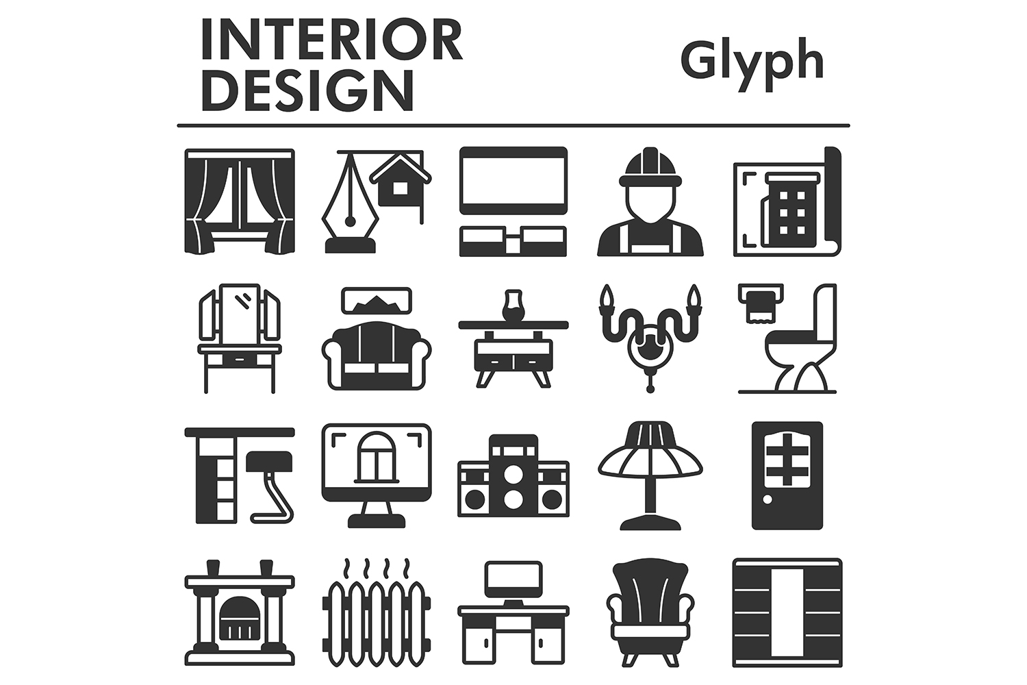 Interior design icons set, glyph style pinterest preview image.