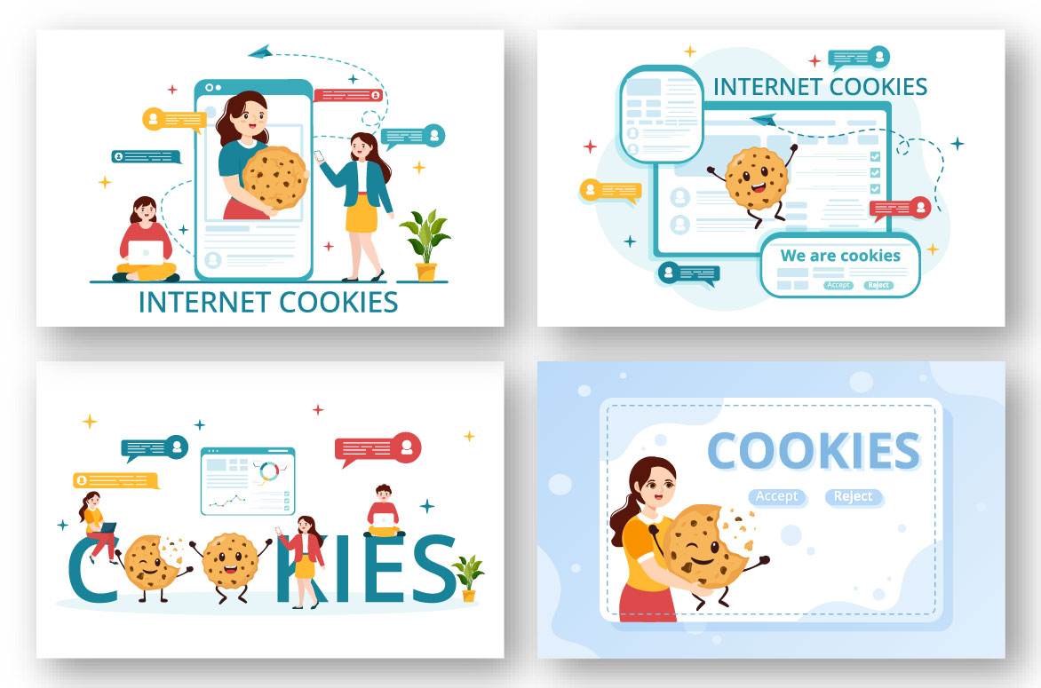 Set of four banners with people holding cookies.