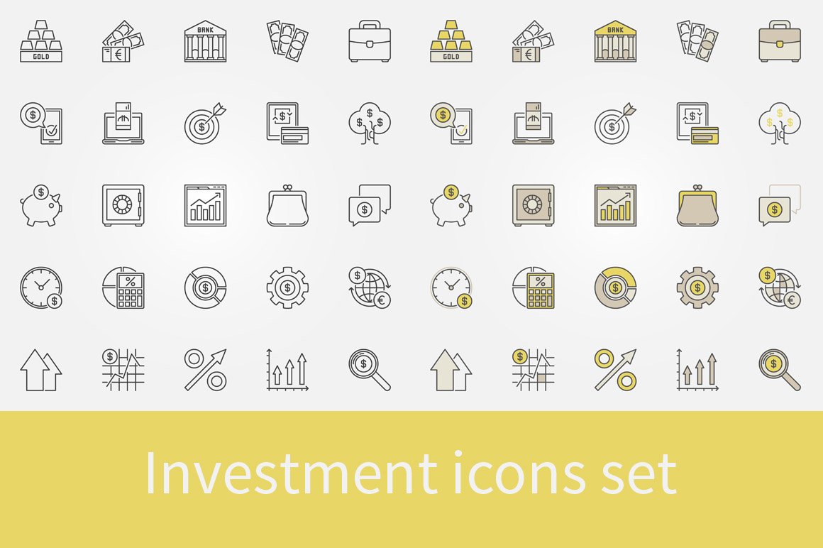 Investment icons set cover image.