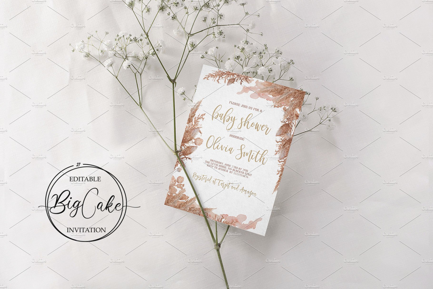 Pampas Grass Baby Shower Invitation preview image.