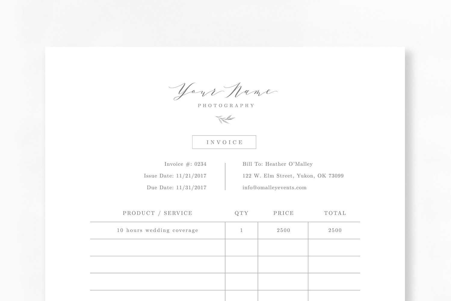 Photography Invoice Template preview image.