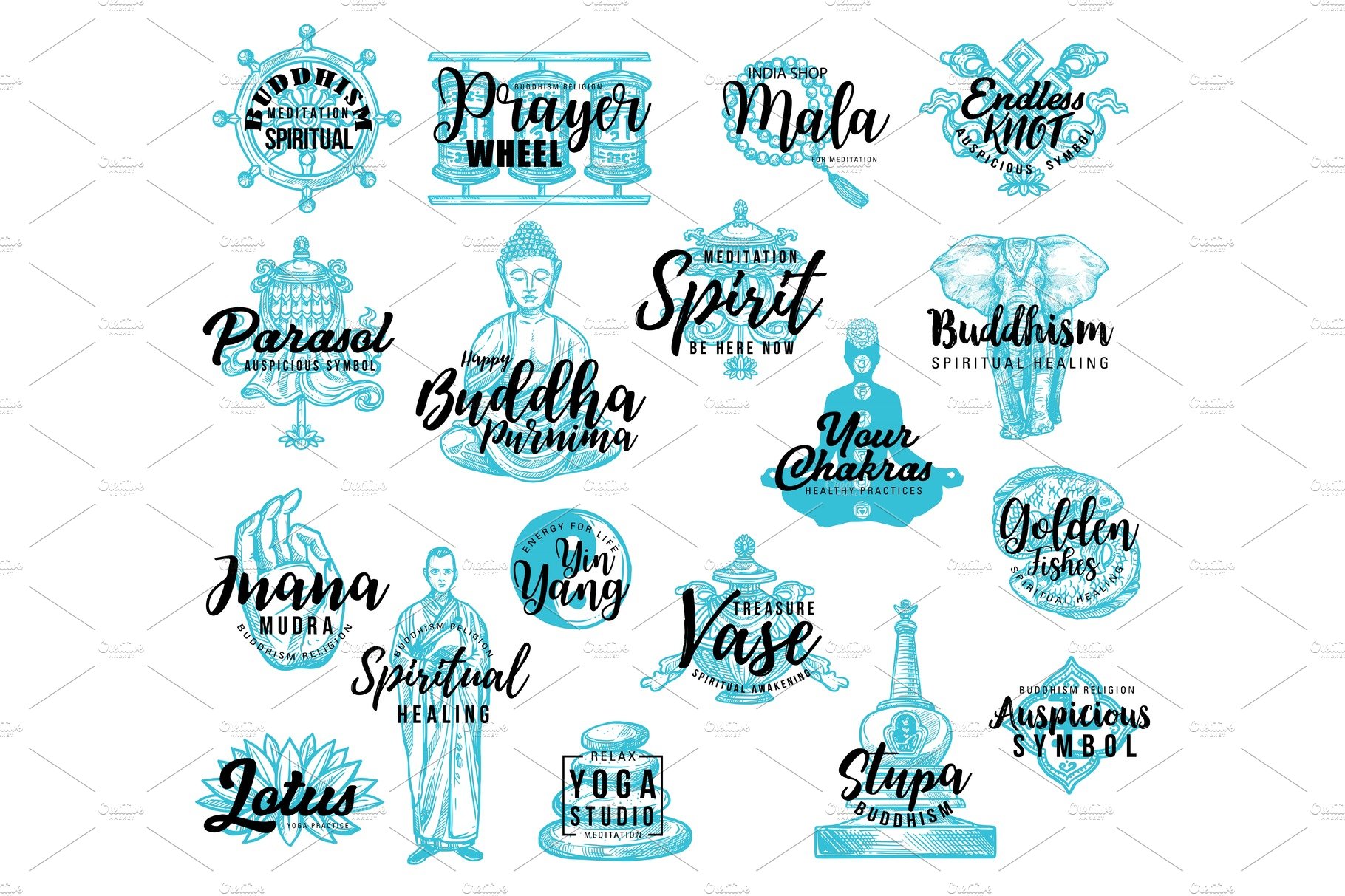 Buddhism religion icons, lettering cover image.
